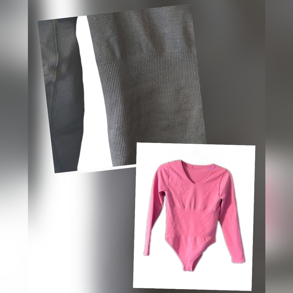 MRIGNT LS Bodysuits Pink/Slate V Neck w/Ribbed Seamless Design Sz L-2 Piece Set